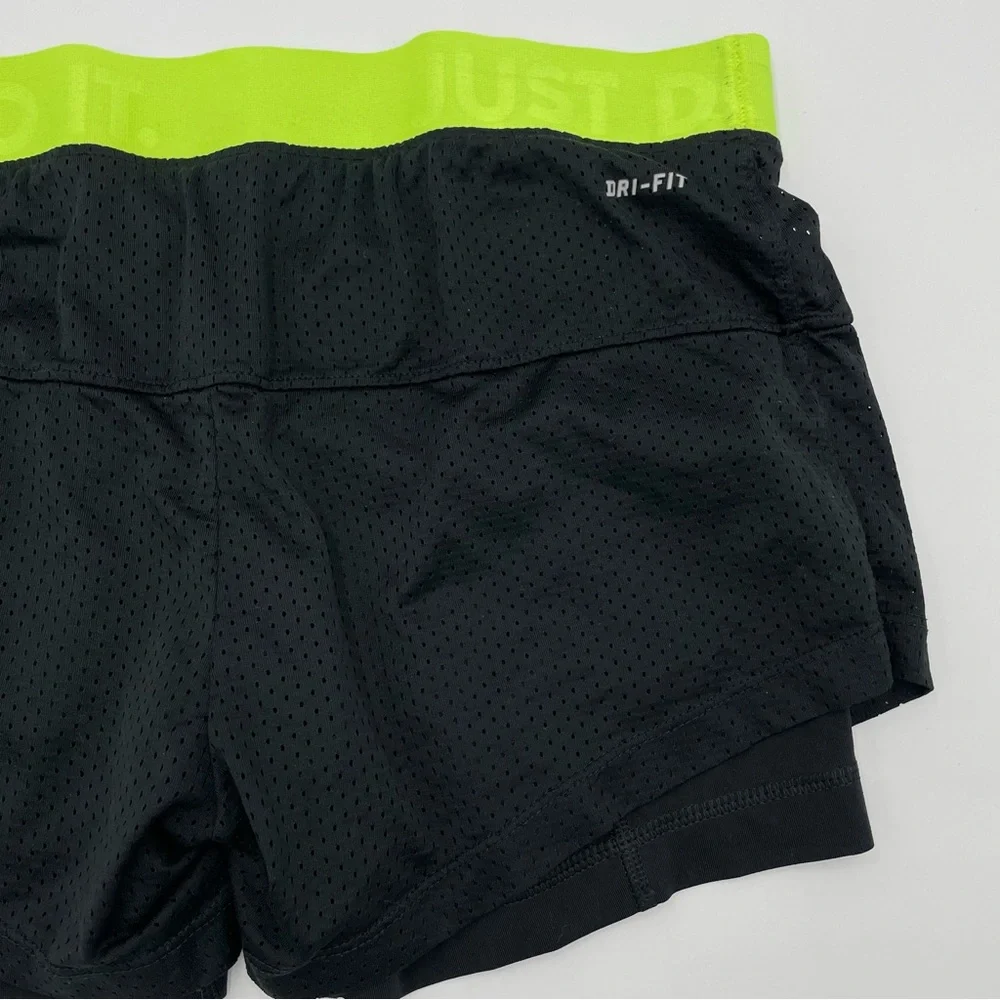 Nike Shorts Running Layers Black Neon Band Women Size‎ Small Fitted Mesh Stretch